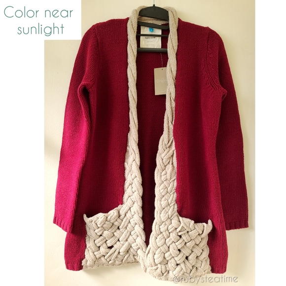 100% LambsWool Chunky Knit Maroon Burgundy Dk Red Cardigan, Braided Knit Pockets - Picture 2 of 8